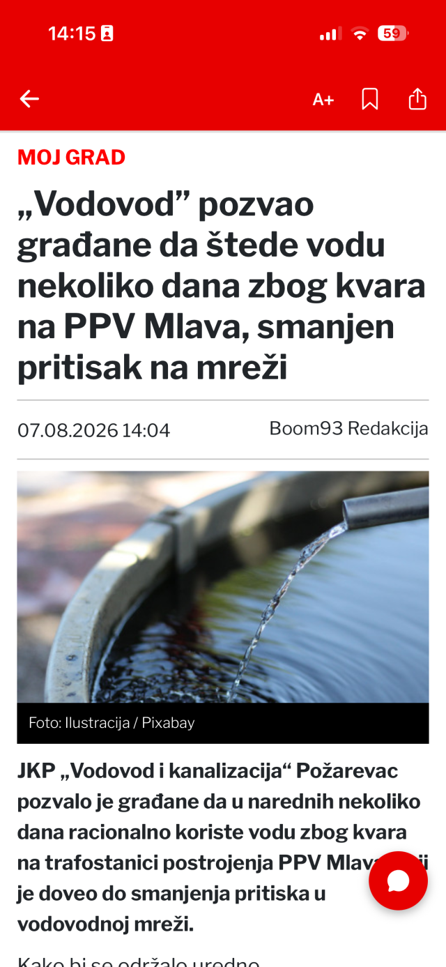 An article open in the Boom 93 app, with type size, bookmark and share controls