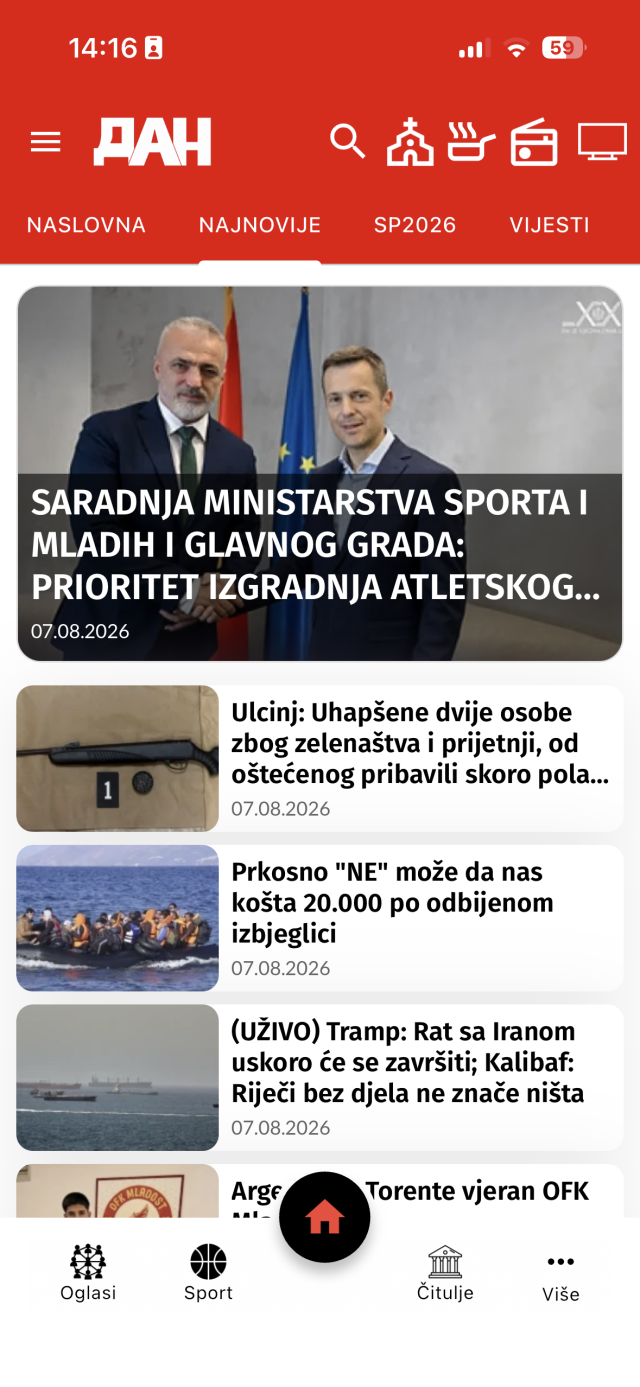 The DAN app home screen, with the lead story and section tabs