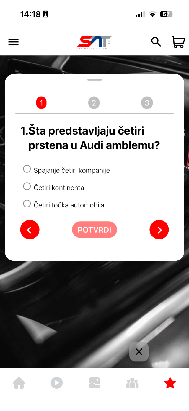 A three-question quiz running in the SAT Hub app