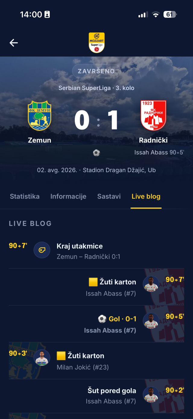 A live match screen in a FanFuel app, showing the score and match events