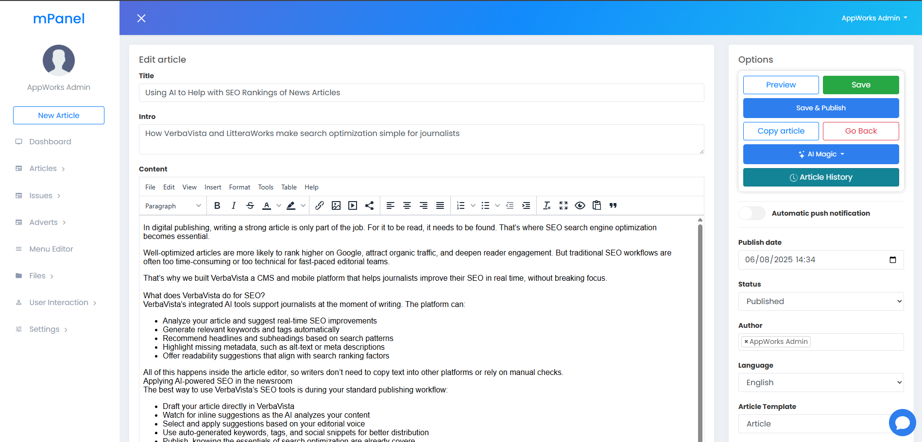 mPanel CMS Dashboard